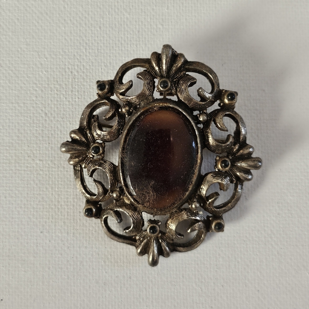 Vintage Tiger Eye Glass Cabochon Brooch Faux Tortoiseshell Brown Gold Pin